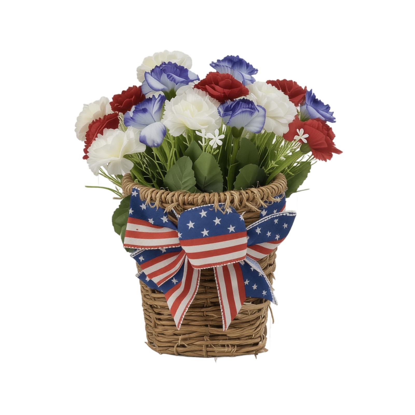 Artificial Carnation Flower Arrangement in Woven Basket with Patriotic Ribbon for Wall Hanging Decoration Suitable for Indoor Outdoor Use One Size
Artificial Carnation Flower Arrangement in Woven Basket with Patriotic Ribbon for Wall Hanging Decoration Suitable for Indoor Outdoor Use One Size