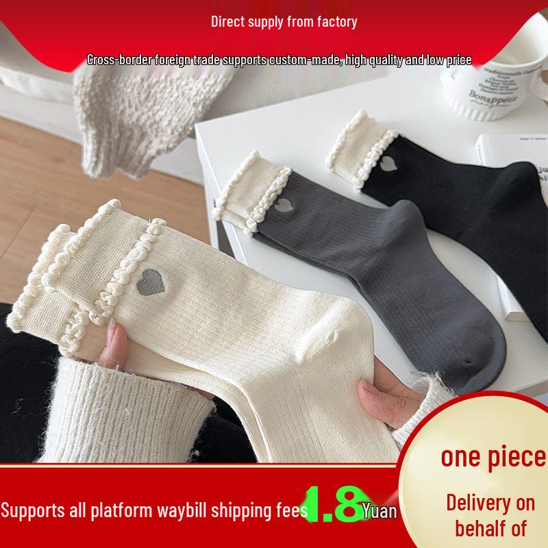 Korean Style Trendy Early Autumn Mid-Calf Cotton Socks with Heart Embroidery & Lace Trim in Black, White, or Grey. One Size серый
Korean Style Trendy Early Autumn Mid-Calf Cotton Socks with Heart Embroidery & Lace Trim in Black, White, or Grey. One Size серый