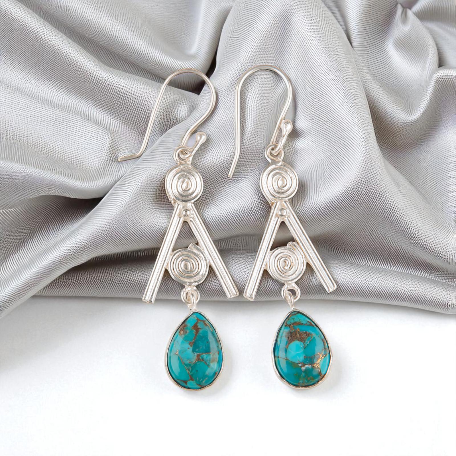 Blue Copper Turquoise Gemstone 925 Sterling Silver Jewelry Women Earrings 2.4 EE-86-34
Blue Copper Turquoise Gemstone 925 Sterling Silver Jewelry Women Earrings 2.4 EE-86-34