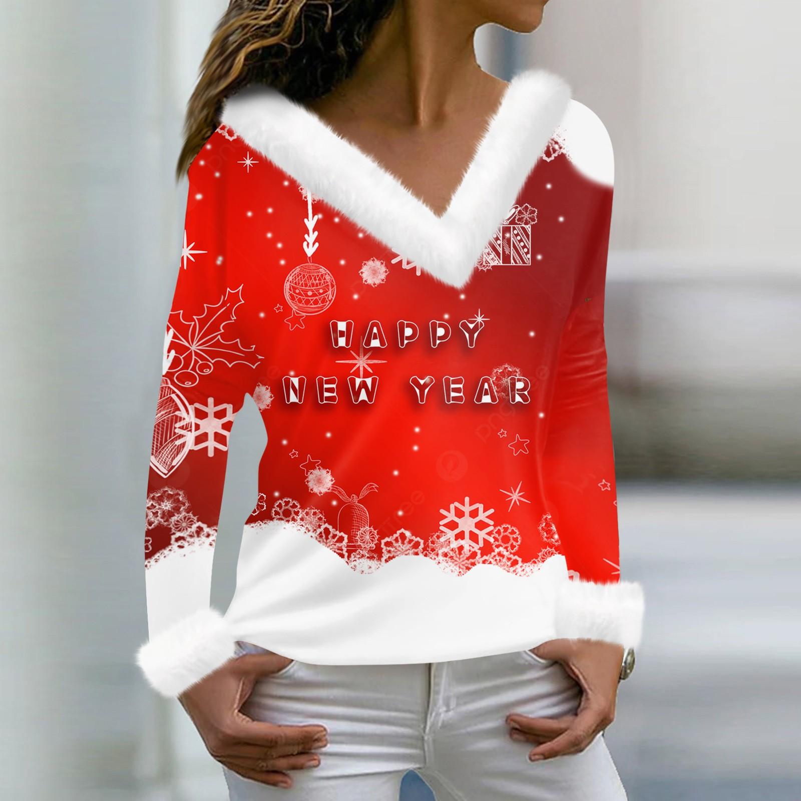 Женская мода повседневная плюшевая кофта с длинным рукавом и V-образным вырезом с рождественским принтом XL красный
