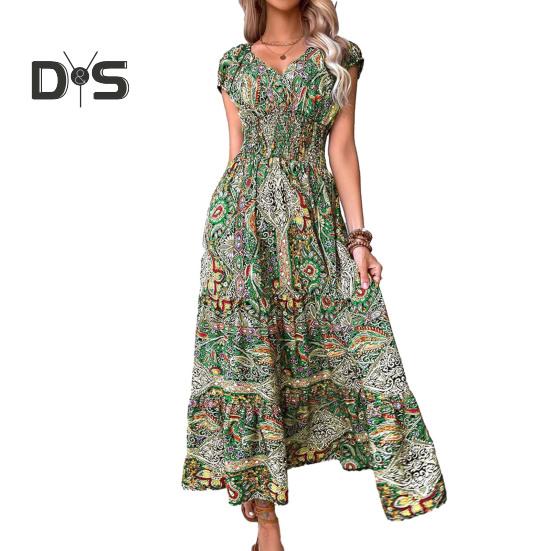 Летнее платье макси с глубоким V-образным вырезом и коротким рукавом, цветной принт в стиле бохо, эластичное, с высокой талией, оборками и строчкой по подолу, пляжное платье А-силуэта XL армия зеленый