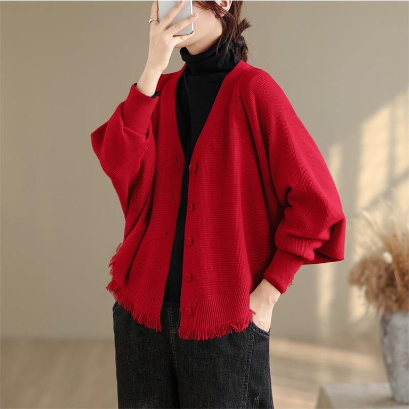 DIMANAF 2025 Женские Свитера Кардиган Осень Зима Однотонная Вязка Свободный Рукав Летучая Мышь Топы Рубашки Большого Размера one size красный