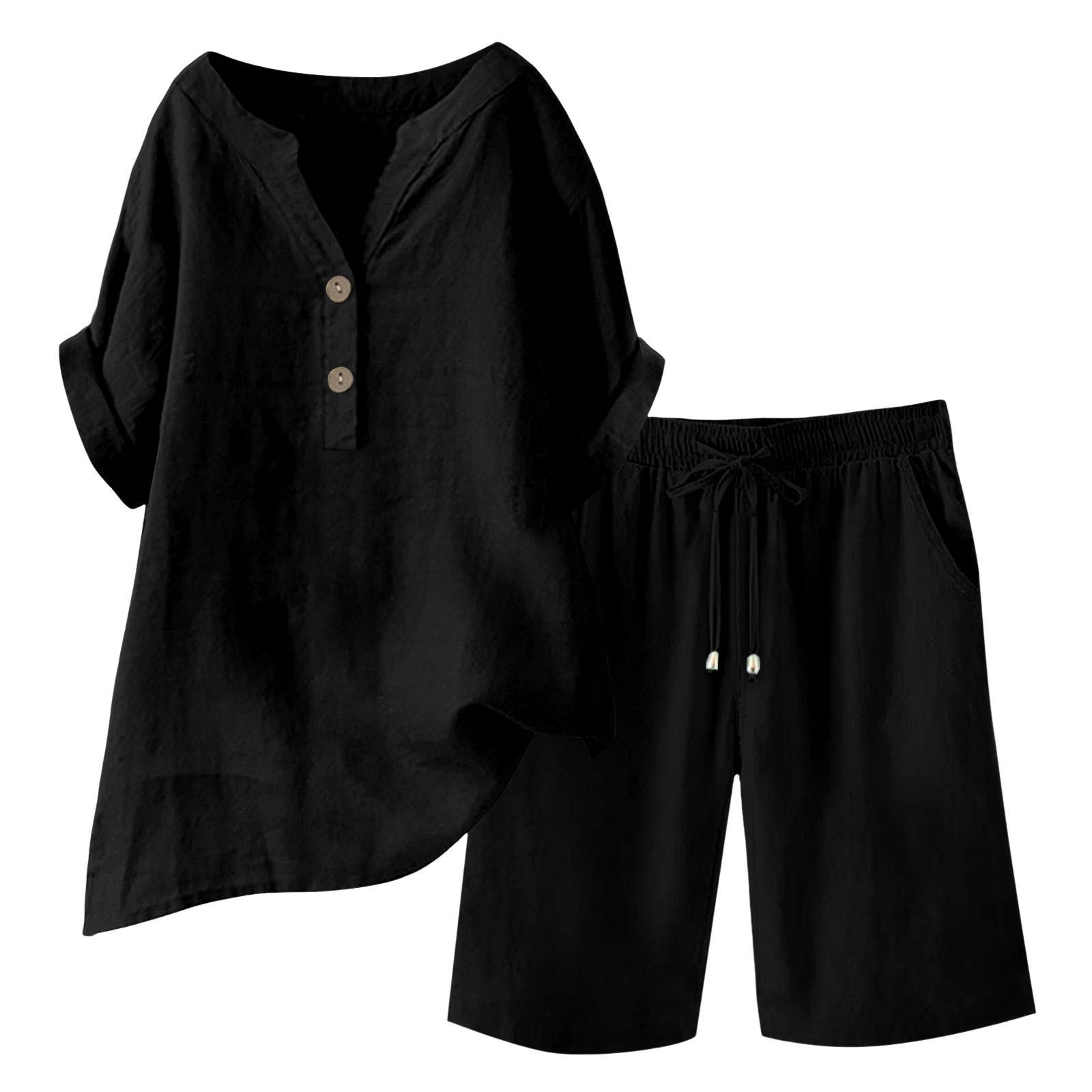 European and American Summer Loose Women s Cotton and Linen V-neck Short-sleeved + Drawstring Pocket Shorts Suit S чёрный
European and American Summer Loose Women s Cotton and Linen V-neck Short-sleeved + Drawstring Pocket Shorts Suit S чёрный