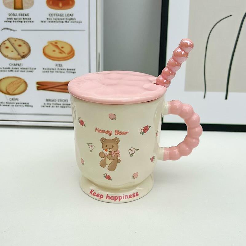Милая мультяшная кружка-медведь высокой ценности с крышкой и ложкой, керамическая чашка для воды для девочек, практичный подарок на день рождения для друзей 301-400ml