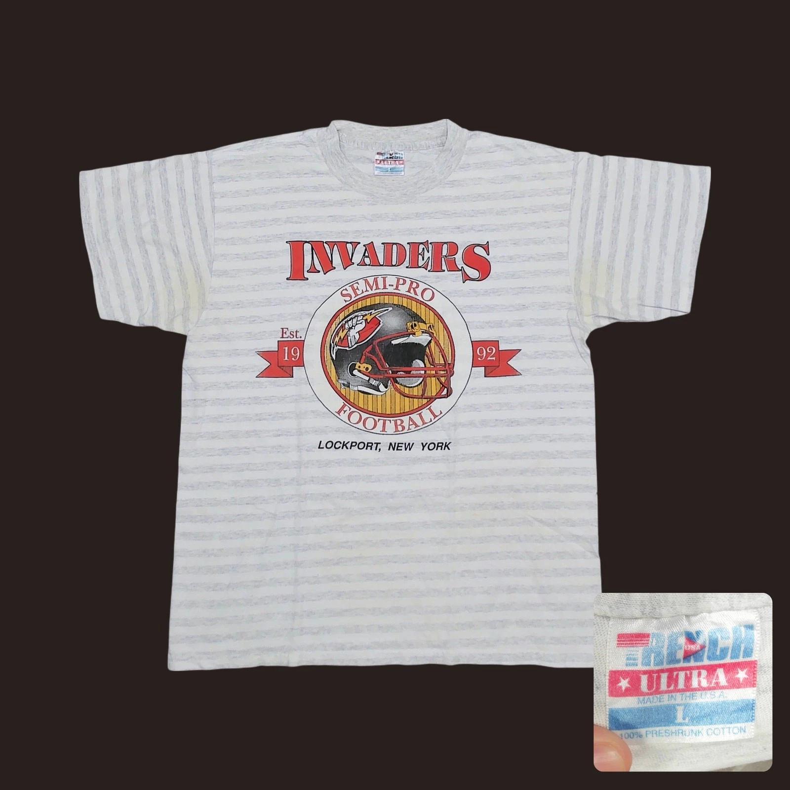 Vintage 1992 Trench Ultra Invaders Football Lockport NY Striped Shirt Mens Large XL
Vintage 1992 Trench Ultra Invaders Football Lockport NY Striped Shirt Mens Large XL