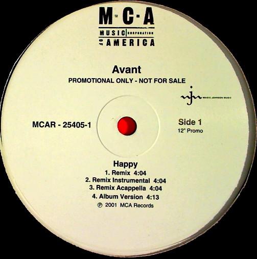 12inch Record AVANT - Happy (The Remix) MCAR254051PROMO MCA Records 2001 US Soul/Funk Used
12inch Record AVANT - Happy (The Remix) MCAR254051PROMO MCA Records 2001 US Soul/Funk Used