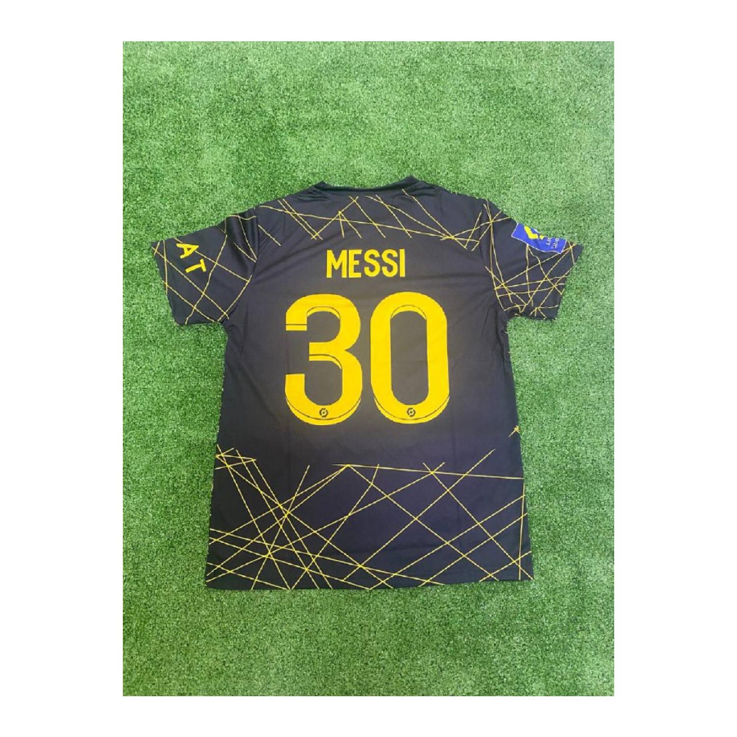 Футбольная майка нового сезона ПСЖ Месси в золотую полоску 2023/24 
Футбольная майка нового сезона ПСЖ Месси в золотую полоску 2023/24