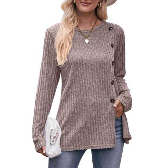 Women Fall Spring Top Button Decor Split Hem Solid Color Round Neck Striped Color Elastic
Women Fall Spring Top Button Decor Split Hem Solid Color Round Neck Striped Color Elastic