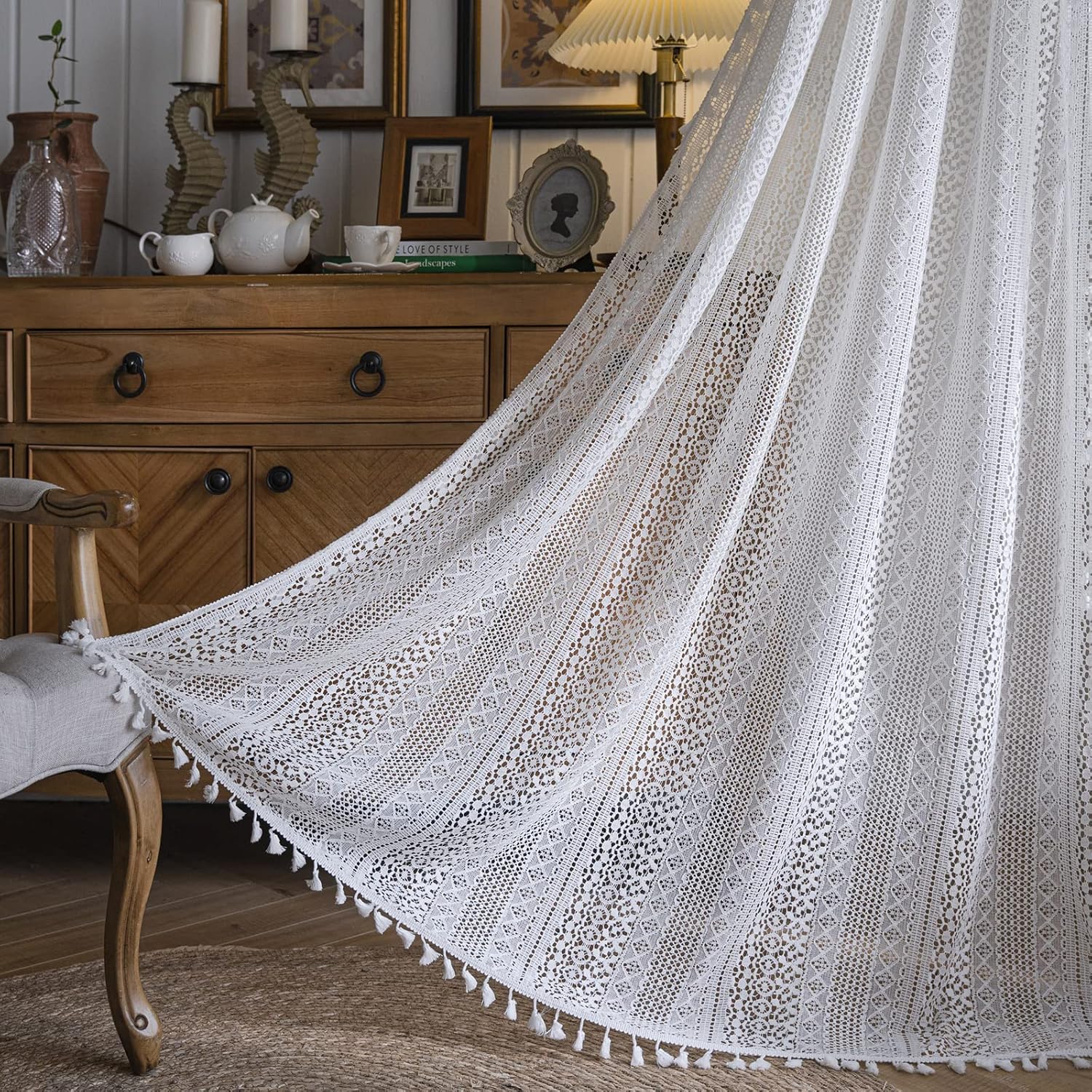 Boho Curtains Crochet Lace Semi-Sheer Bohemian Hollow Knitted Handmade Tassels, Rod Pocket Vintage Rustic Farmhouse Drapes W150xH45cm&Rod Pocket
Boho Curtains Crochet Lace Semi-Sheer Bohemian Hollow Knitted Handmade Tassels, Rod Pocket Vintage Rustic Farmhouse Drapes W150xH45cm&Rod Pocket