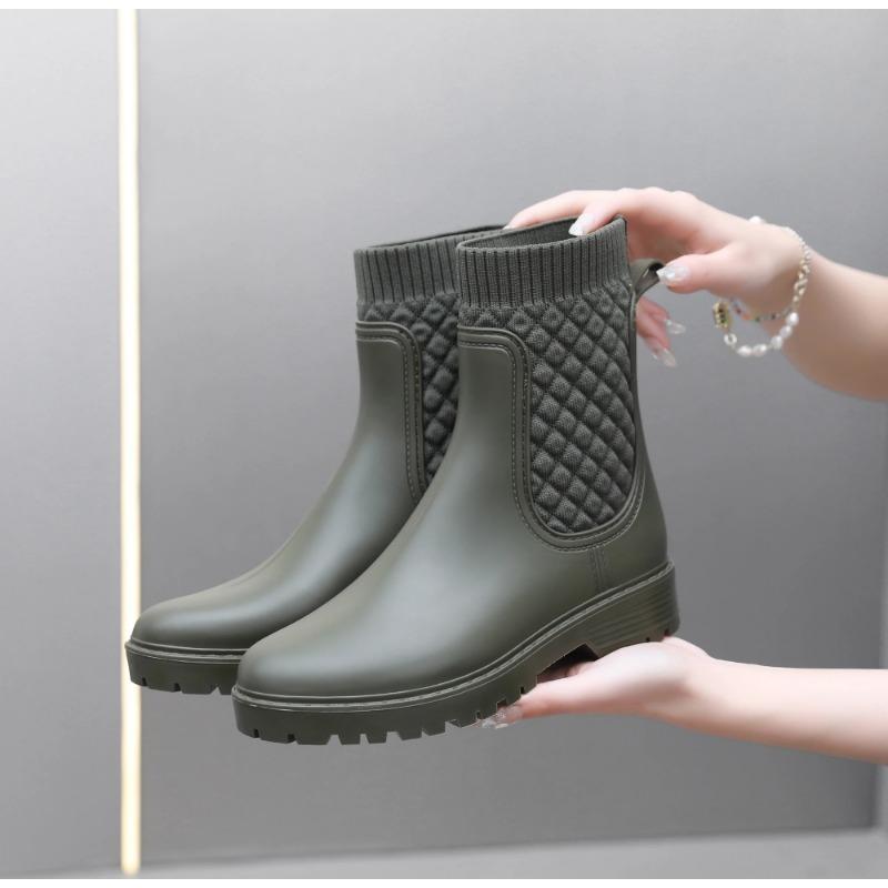 1 пара женских коротких челси дождевых ботинок, модные плетеные дождевые ботинки с U-образным верхом, ПВХ нескользящие водонепроницаемые резиновые ботинки 36 армия зеленый