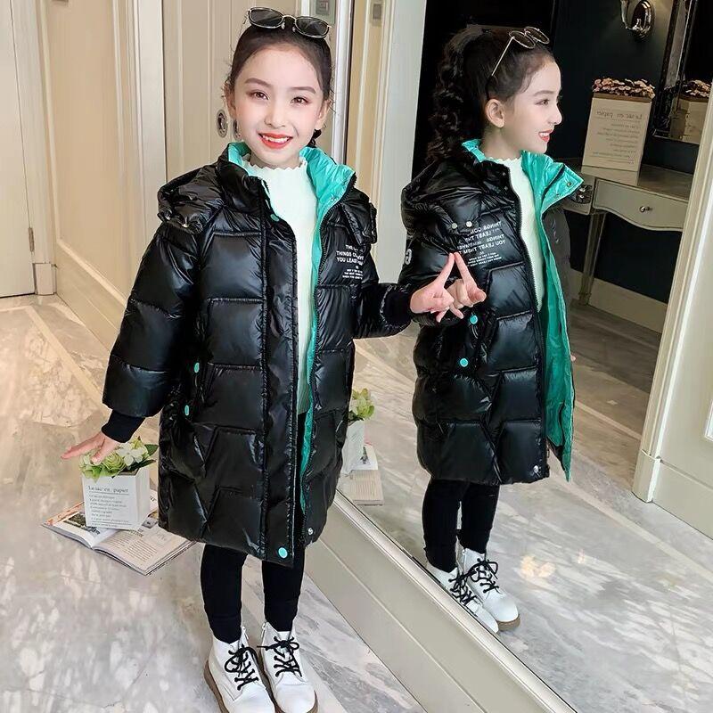 Осенне-зимняя куртка для девочек, водонепроницаемая, с капюшоном, блестящая, толстая, теплая, верхняя одежда для девочек, пальто для детей, подростков, парка для девочек 120 чёрный