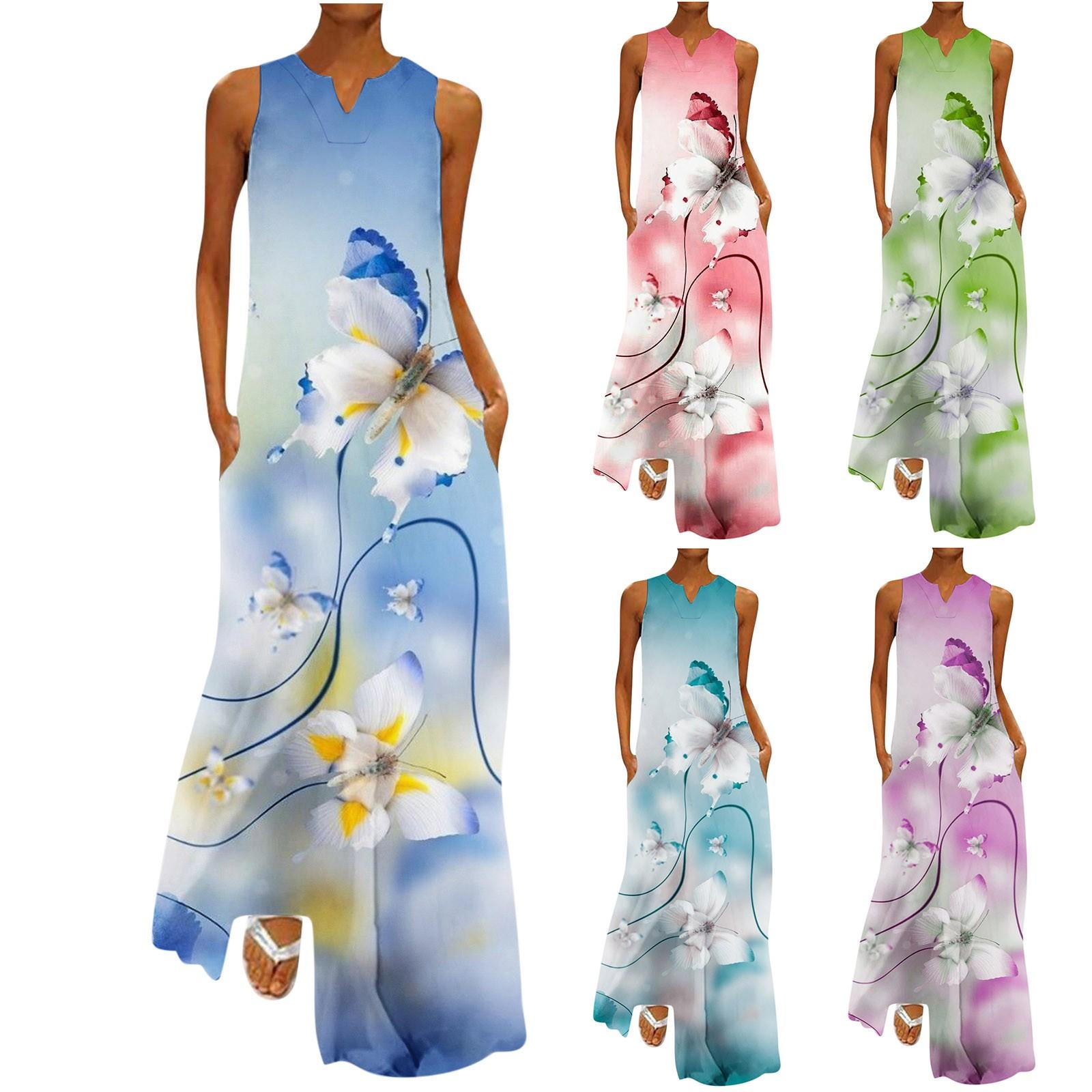 Женская летняя мода Печатный V-образный вырез Без рукавов Пуловер Карманное платье