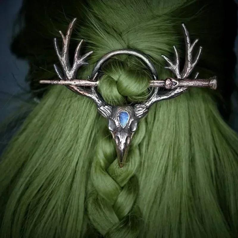 Gothic Style Retro Headwear Crow Skull Moonlight Stone Deer Antler Design Temperament Mysterious Hairpin Viking Decoration style 1
Gothic Style Retro Headwear Crow Skull Moonlight Stone Deer Antler Design Temperament Mysterious Hairpin Viking Decoration style 1