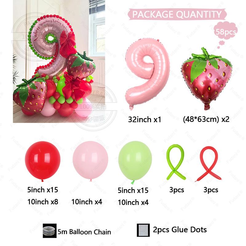 58pcs Strawberry Balloons Kits Birthday Decorations for Girls 32inch 1-9 Number Balloons for Strawberry Birthday Party Decors 32inch
58pcs Strawberry Balloons Kits Birthday Decorations for Girls 32inch 1-9 Number Balloons for Strawberry Birthday Party Decors 32inch