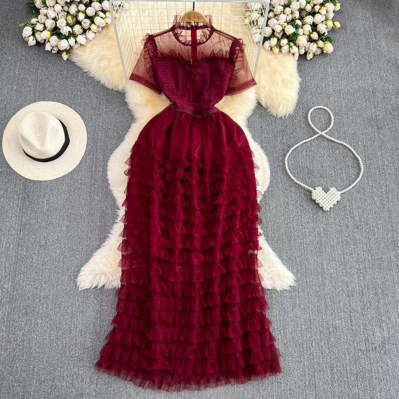 Summer Stand-up Collar Cinched Cake Dress Elegance Mesh Burgundy All yards
Summer Stand-up Collar Cinched Cake Dress Elegance Mesh Burgundy All yards
