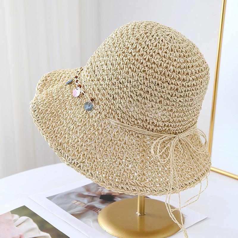 Новый этнический стиль, шляпа из ракушек и соломы с широкими полями для пляжного отдыха, женская шляпа, ажурная шляпа-ведро от солнца Adjustable бежевый