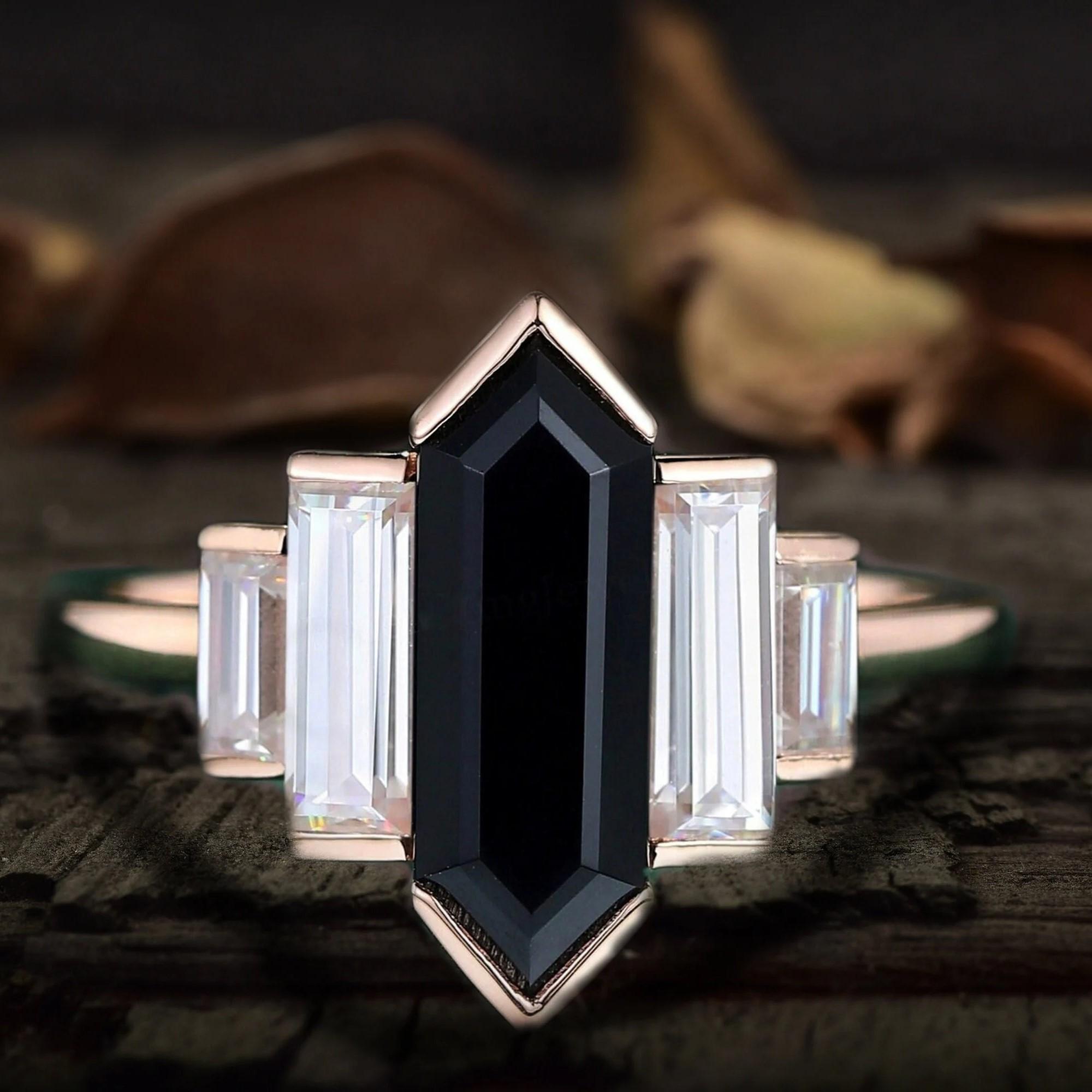 Кольцо с черным ониксом в форме шестиугольника: Кольцо для невесты в стиле ар-деко с багетными кубическими циркониями: Уникальный свадебный ювелирный подарок для нее Q золотой