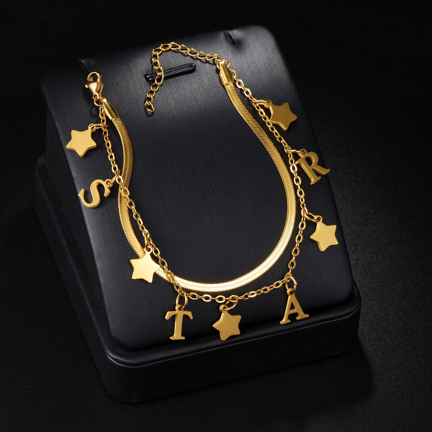 Atoztide 18cm Personalized Custom Name Anklet 2 Layer Leg Chain for Women Stainless Steel Letter Charms Twice Chain Jewelry Gift with star срібний
Atoztide 18cm Personalized Custom Name Anklet 2 Layer Leg Chain for Women Stainless Steel Letter Charms Twice Chain Jewelry Gift with star срібний