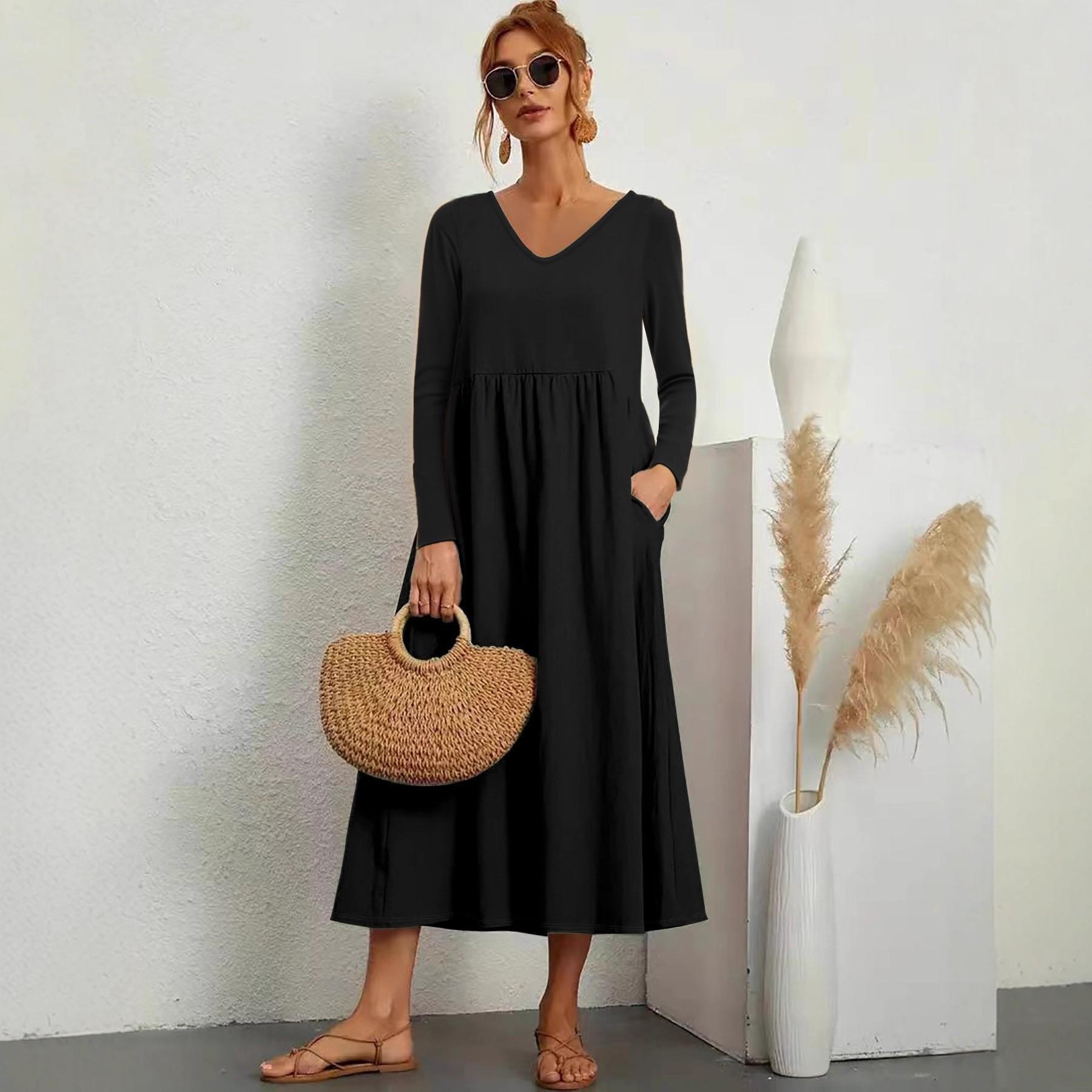 Europe, America, autumn and winter new solid color temperament V-neck simple versatile long-sleeved dress women XXL чорний
Europe, America, autumn and winter new solid color temperament V-neck simple versatile long-sleeved dress women XXL чорний