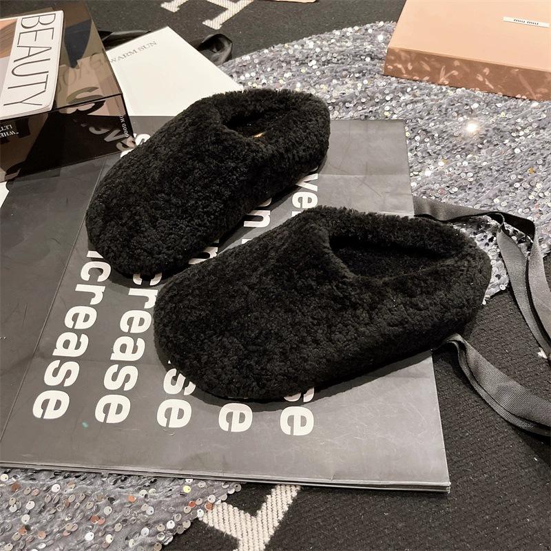 Овечка универсальная сумка голова полутапочки женские 2025 осень и зима плюшевая обувь для улицы ленивые на плоской подошве мягкая подошва хлопковые мопы 35