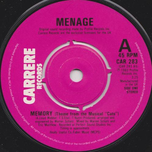 7inch Record MENAGE Memory CAR283 Carrere 1983 UK Dance Electronica Used
7inch Record MENAGE Memory CAR283 Carrere 1983 UK Dance Electronica Used