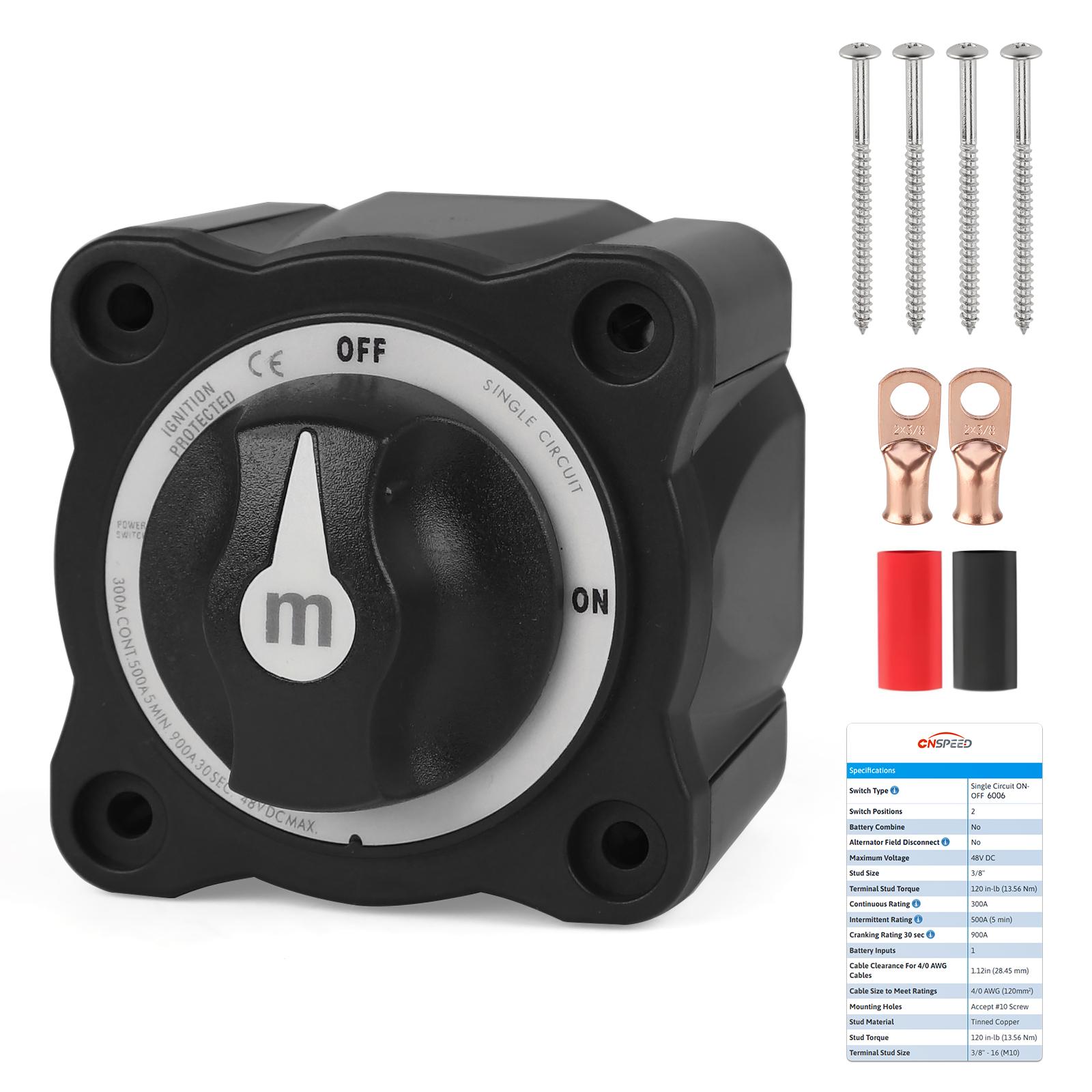 For Marine Boat Car RV M-Series 2 Positions ON-OFF Isolator Battery Switch Single Circuit Cable Lug and Heat Shrink 300A 48V M10
For Marine Boat Car RV M-Series 2 Positions ON-OFF Isolator Battery Switch Single Circuit Cable Lug and Heat Shrink 300A 48V M10