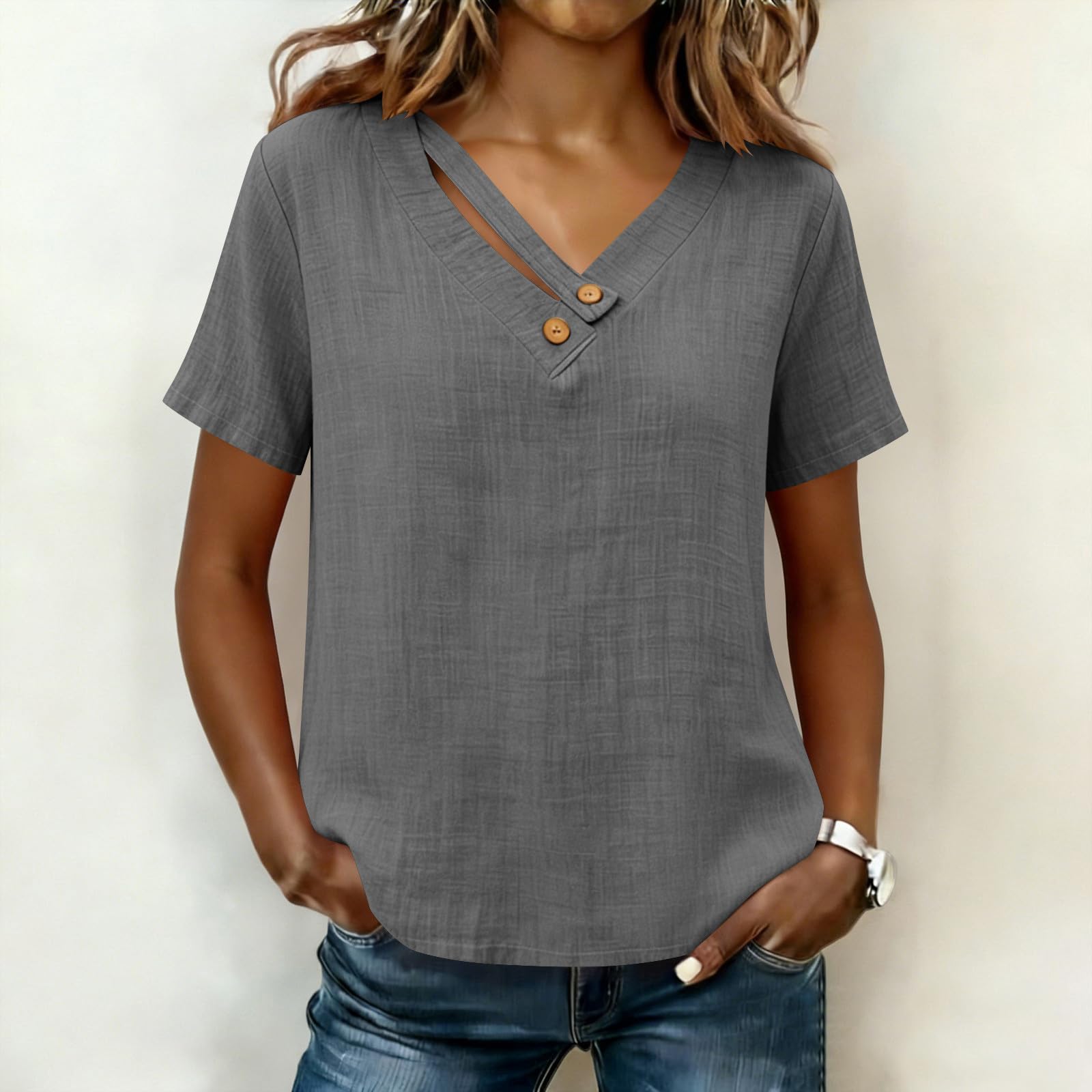 Women s Casual Loose Fit V Neck Button Detail Short Sleeve Top Lightweight Summer Blouse with Textured Fabric and Relaxed Silhouette S
Women s Casual Loose Fit V Neck Button Detail Short Sleeve Top Lightweight Summer Blouse with Textured Fabric and Relaxed Silhouette S