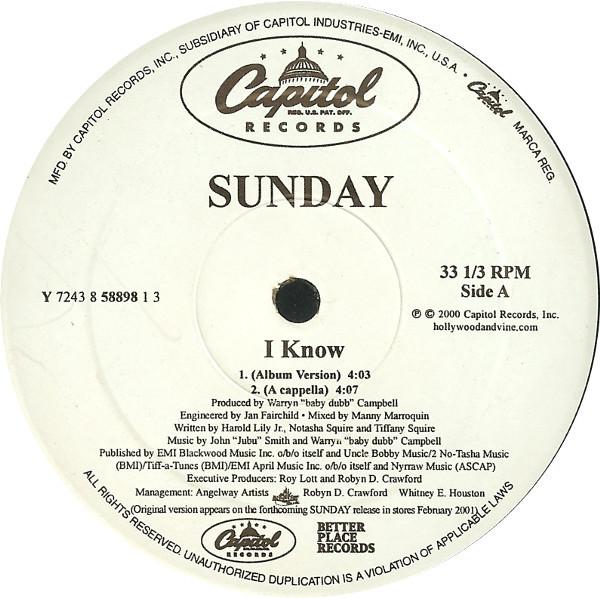 12inch Record SUNDAY - I Know Y724385889813 Capitol Records 2000 US Rap & Hip-Hop/R&B Used
12inch Record SUNDAY - I Know Y724385889813 Capitol Records 2000 US Rap & Hip-Hop/R&B Used