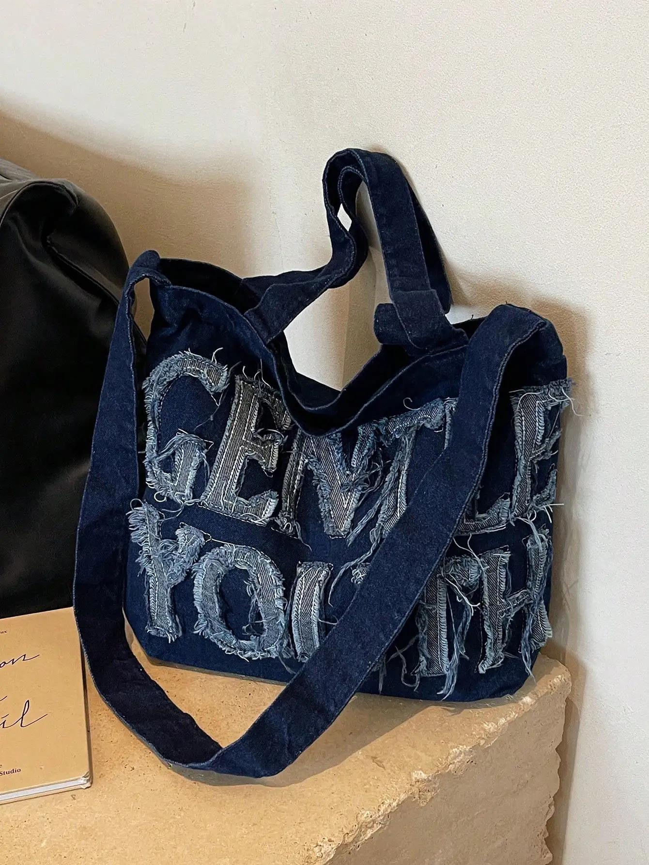 Minimalist Style Raw Edge Letter Design Jeans Canvas Tote Bag, Solid Color Large Capacity Shoulder Bag, Suitable For Women
Minimalist Style Raw Edge Letter Design Jeans Canvas Tote Bag, Solid Color Large Capacity Shoulder Bag, Suitable For Women