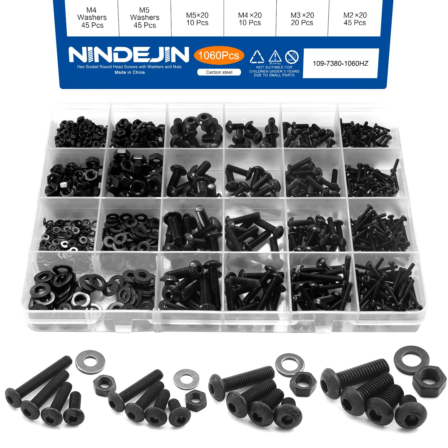 1060pcs M2 M3 M4 M5 Hex Socket Screw Set Carbon Steel Flat Round Cap Head Screws Bolts and Nuts Assortment Kit with Storage Box
1060pcs M2 M3 M4 M5 Hex Socket Screw Set Carbon Steel Flat Round Cap Head Screws Bolts and Nuts Assortment Kit with Storage Box