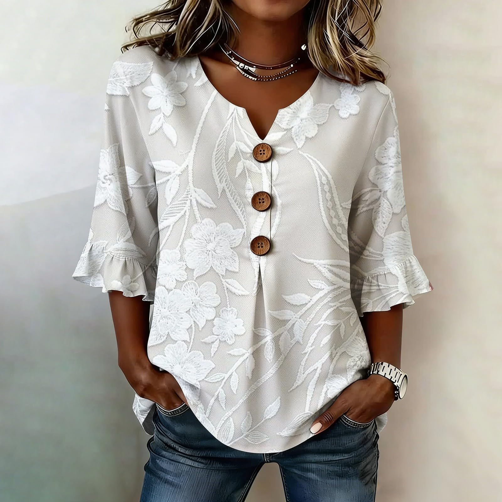 Women V Neck Floral Print Button Front Loose Fit Blouse Ruffle Sleeve Casual Top for Everyday Wear L
Women V Neck Floral Print Button Front Loose Fit Blouse Ruffle Sleeve Casual Top for Everyday Wear L