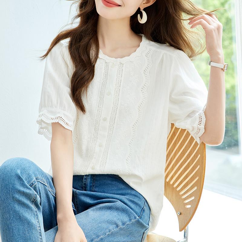 Lace Round Neck Short-sleeved Shirt Commuting Korean Style Loose Slim Cotton Summer Top for Women M
Lace Round Neck Short-sleeved Shirt Commuting Korean Style Loose Slim Cotton Summer Top for Women M