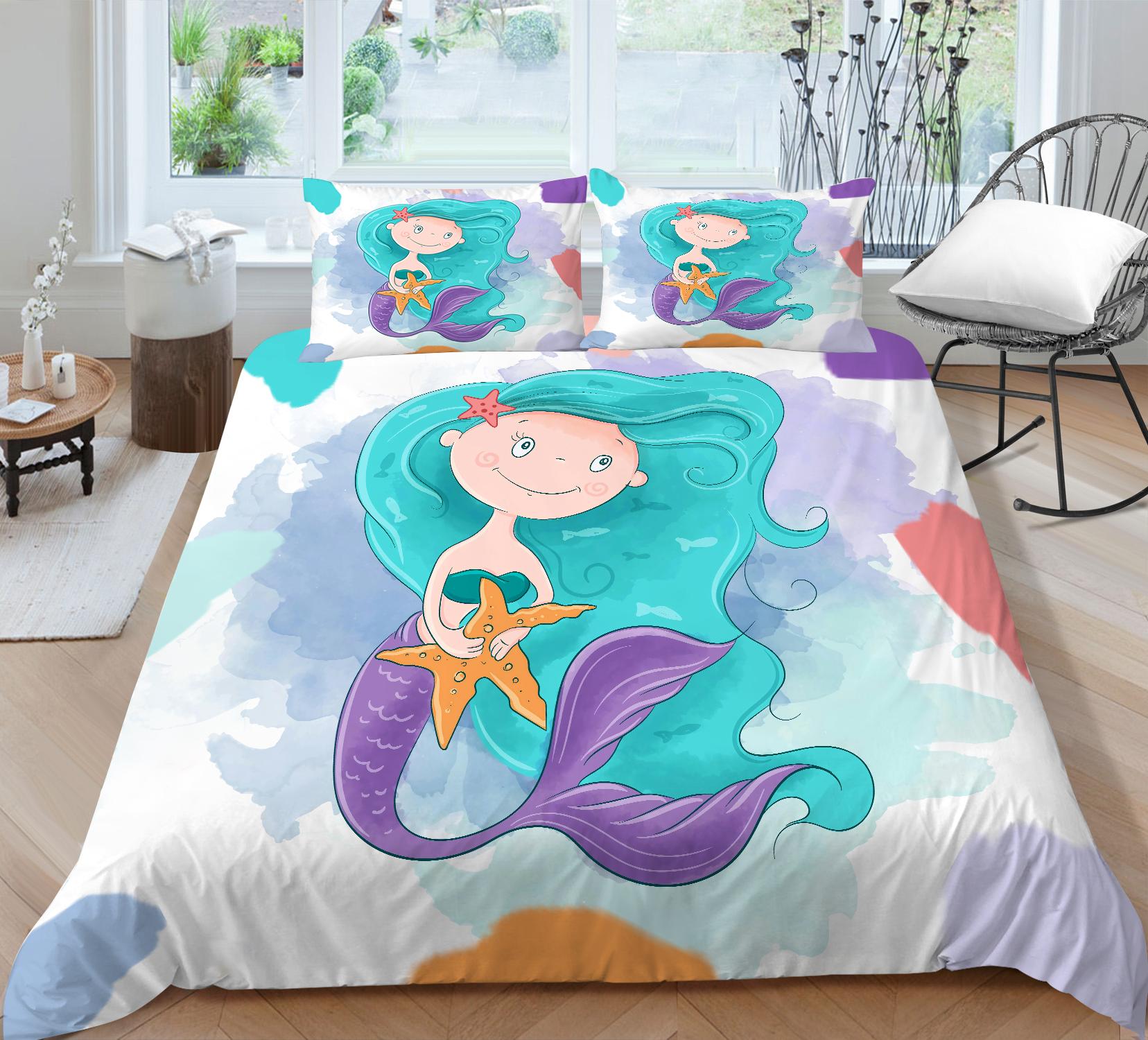 Семейное постельное белье, односпальная двуспальная кровать, полноразмерная наволочка принцессы-русалки и пододеяльник, подходит для украшения дома для девочек и детской комнаты EU Single 135x200cm