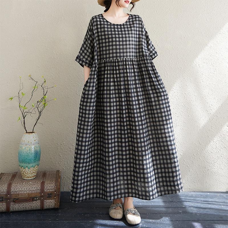 Real Summer New Thin Cotton and Linen Short-sleeved Plaid Simple Bohemian Medium and Long Foreign Trade Dress Women Large size average size
Real Summer New Thin Cotton and Linen Short-sleeved Plaid Simple Bohemian Medium and Long Foreign Trade Dress Women Large size average size