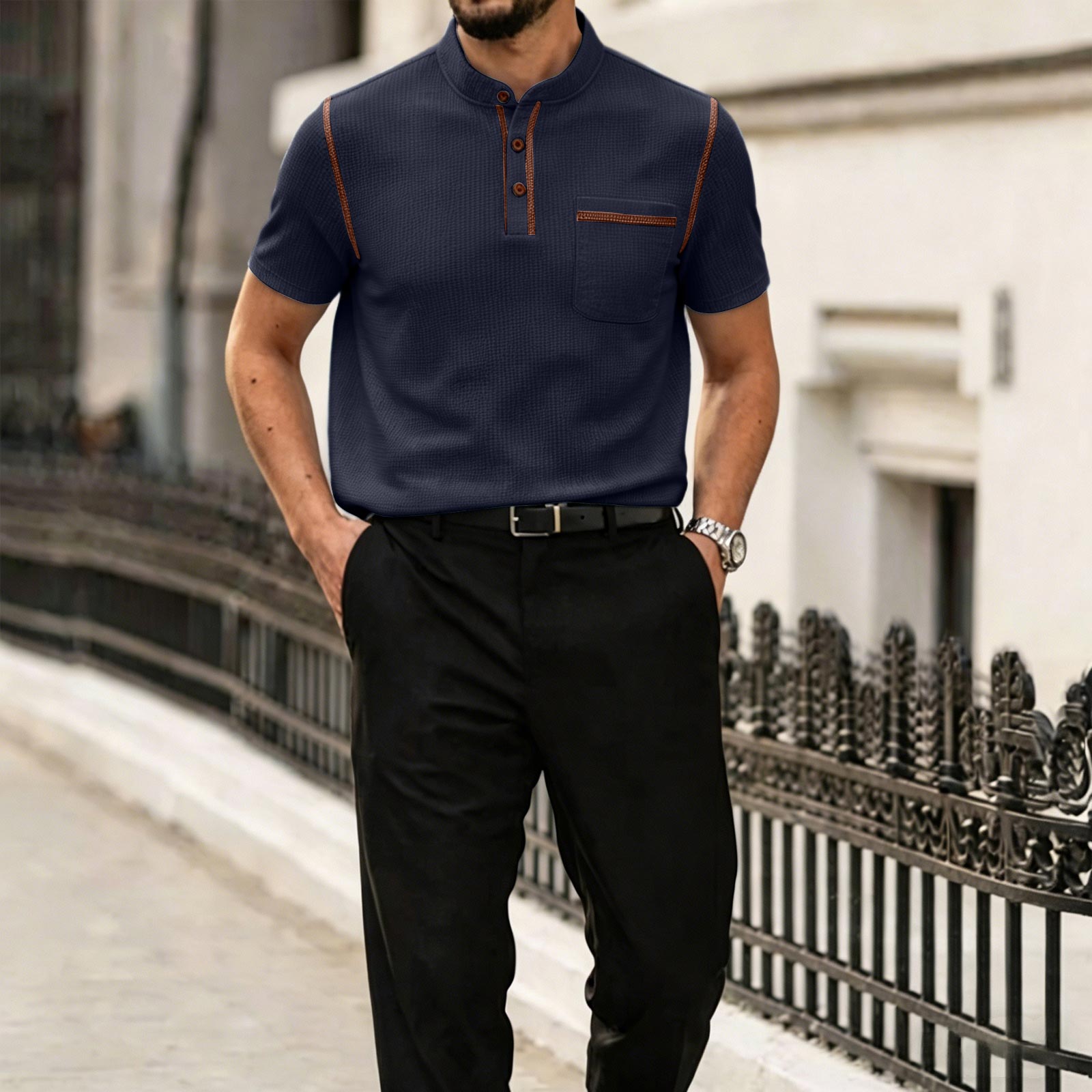 Men Mesh Knit Short Sleeve T Shirt Breathable Ice Silk Material Stand Collar Button Design Pocket Casual Fit Top L
Men Mesh Knit Short Sleeve T Shirt Breathable Ice Silk Material Stand Collar Button Design Pocket Casual Fit Top L