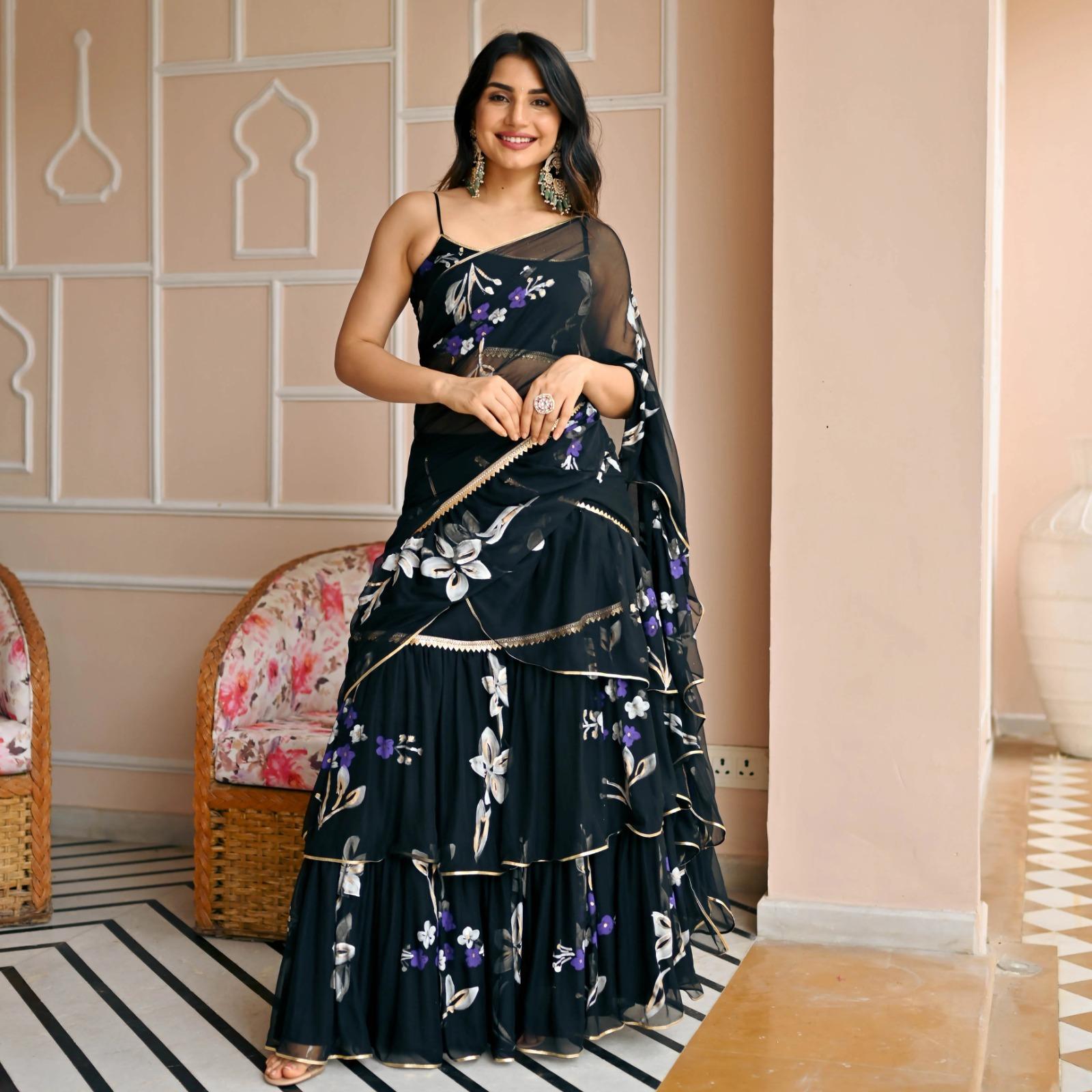 Сари Lehenga для женщин из шелка в болливудском стиле с цифровой печатью и трехслойными рюшами
Сари Lehenga для женщин из шелка в болливудском стиле с цифровой печатью и трехслойными рюшами