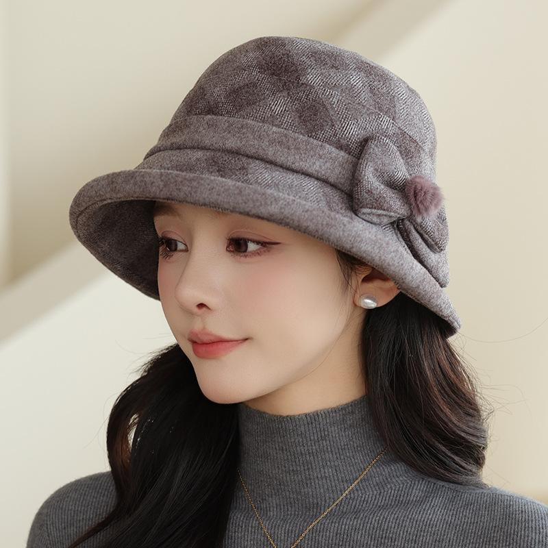 Осенне-зимняя шляпа Женская шляпа-котелок Теплая шляпа-цилиндр Для пожилых Шерстяная шляпа-ведро one size серый