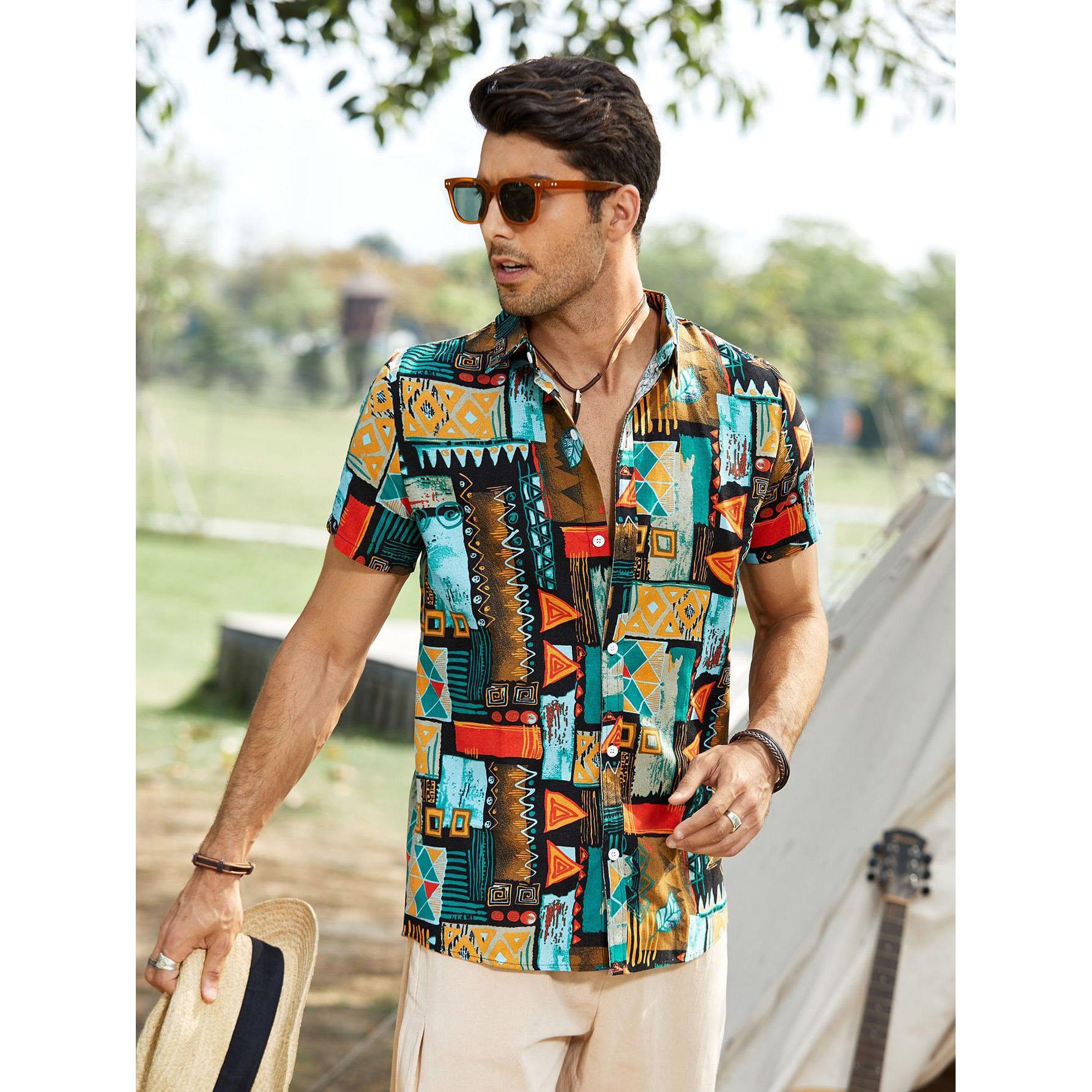 Модная мужская рубашка с геометрическим рисунком и коротким рукавом в стиле хип-хоп, повседневные рубашки с принтом на пуговицах, топы, уличная одежда для мужчин
Модная мужская рубашка с геометрическим рисунком и коротким рукавом в стиле хип-хоп, повседневные рубашки с принтом на пуговицах, топы, уличная одежда для мужчин