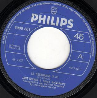 7inch Record JANE BIRKIN & SERGE GAINSBOURG - La Decadanse 6009201 Philips 1972 UK Pop Used
7inch Record JANE BIRKIN & SERGE GAINSBOURG - La Decadanse 6009201 Philips 1972 UK Pop Used