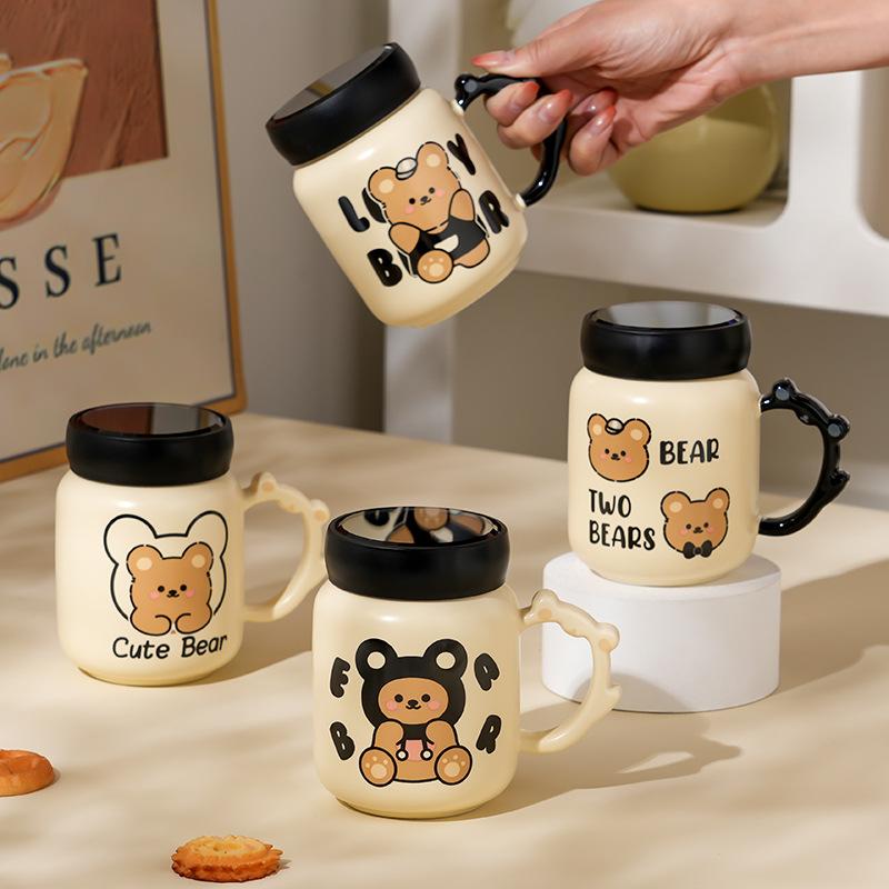 Зеркальная чашка с крышкой, керамическая чашка с рисунком медведя из мультфильма, молочно-желтая, милая девушка, открывающаяся подарочная кружка 500ML