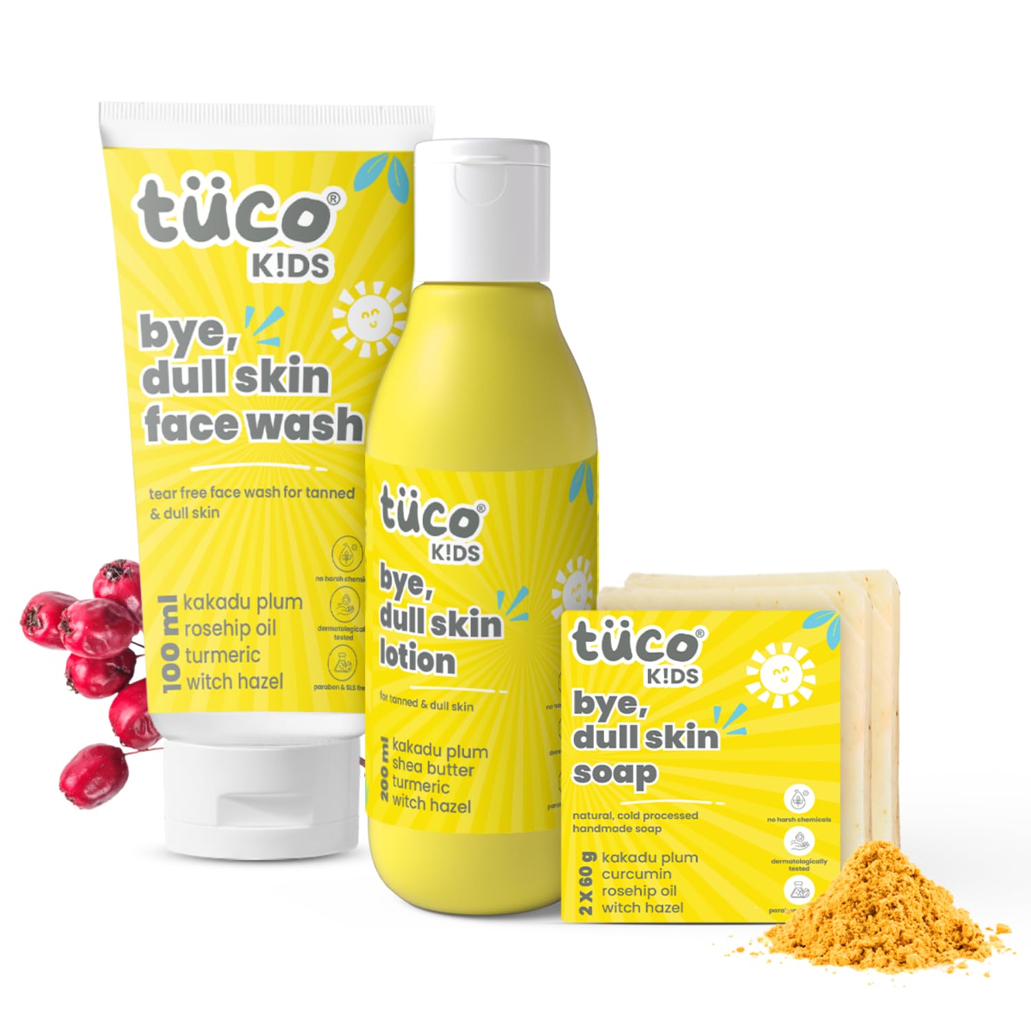 Tuco® Kids Dull Skin Soap (60 gm x 2), Face Wash (100 ml) & Dull Skin Body Lotion (200 ml) |ages 2-5, 4-10, 10-15 years | 420 gm-Pack of 3
Tuco® Kids Dull Skin Soap (60 gm x 2), Face Wash (100 ml) & Dull Skin Body Lotion (200 ml) |ages 2-5, 4-10, 10-15 years | 420 gm-Pack of 3
