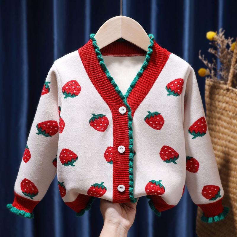 Girls Knitted Cardigan Button V-Neck Sweater With Cute Strawberry Jacquard Kids Long Sleeve Sweater 120
Girls Knitted Cardigan Button V-Neck Sweater With Cute Strawberry Jacquard Kids Long Sleeve Sweater 120