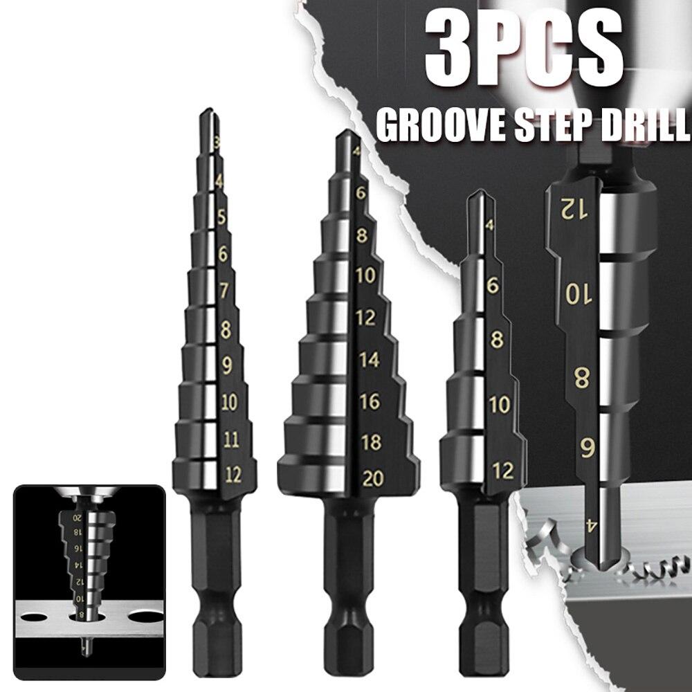 3Pcs HSS Straight Groove Step Drill Bit 3-12mm 4-12mm 4-20mm Nitride Black Hex Wood Metal Hole Cutter Core Drilling Tools Set
3Pcs HSS Straight Groove Step Drill Bit 3-12mm 4-12mm 4-20mm Nitride Black Hex Wood Metal Hole Cutter Core Drilling Tools Set
