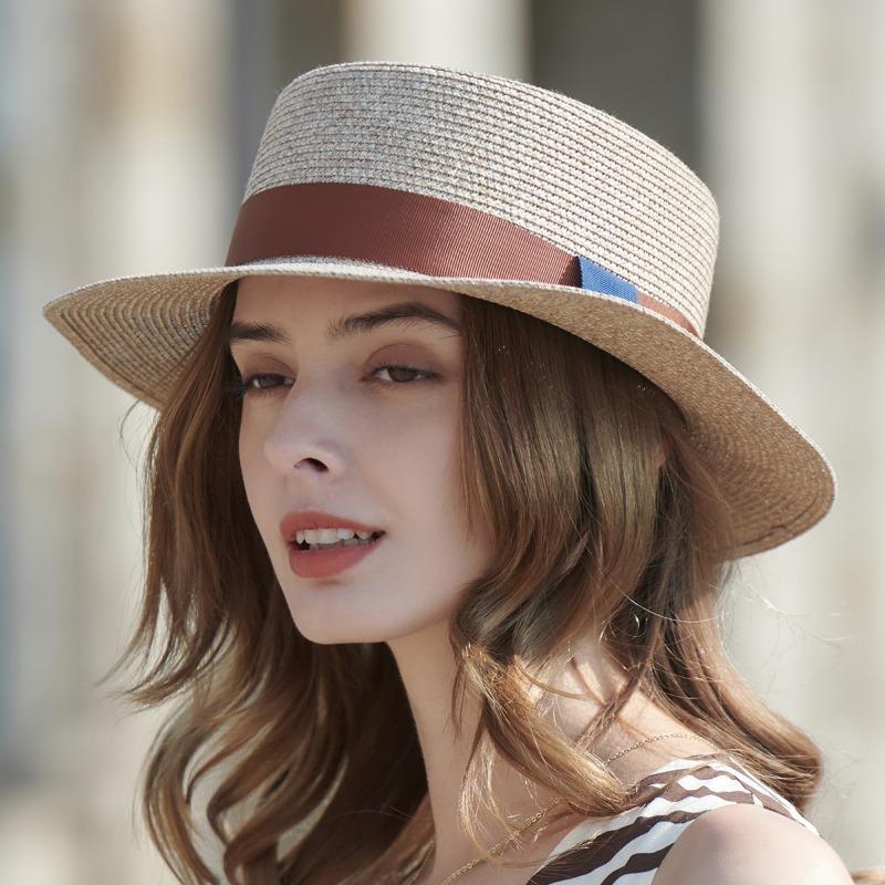 Весенне-летняя женская британская соломенная шляпа, простая пляжная шляпа от солнца, модная соломенная шляпа для ремонта, простая шляпа с плоским верхом One size коричневый