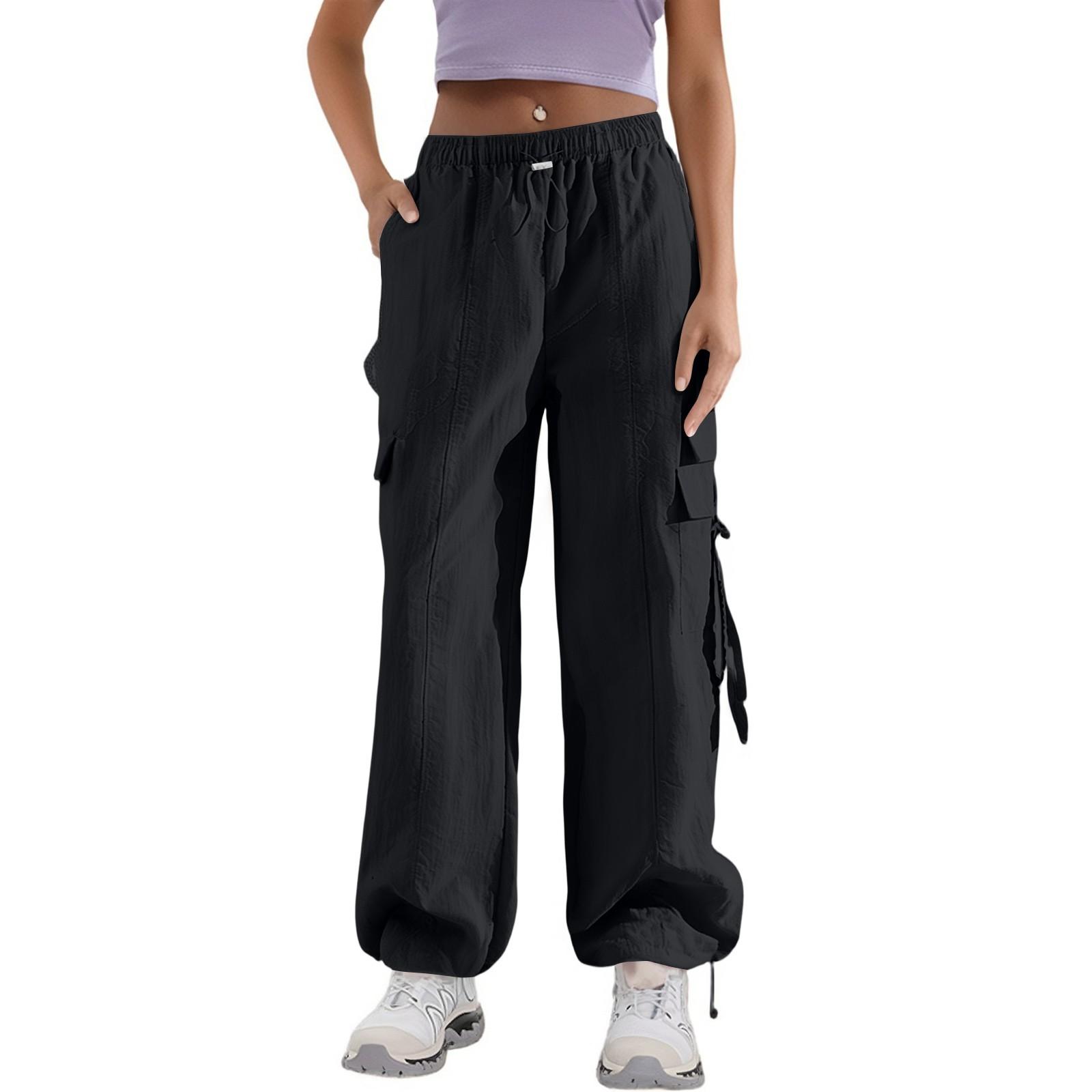 Женские летние тонкие свободные брюки прямого кроя с несколькими карманами, высокой посадкой и широкими штанинами, быстросохнущие спортивные брюки (Обычный стиль) XL чёрный