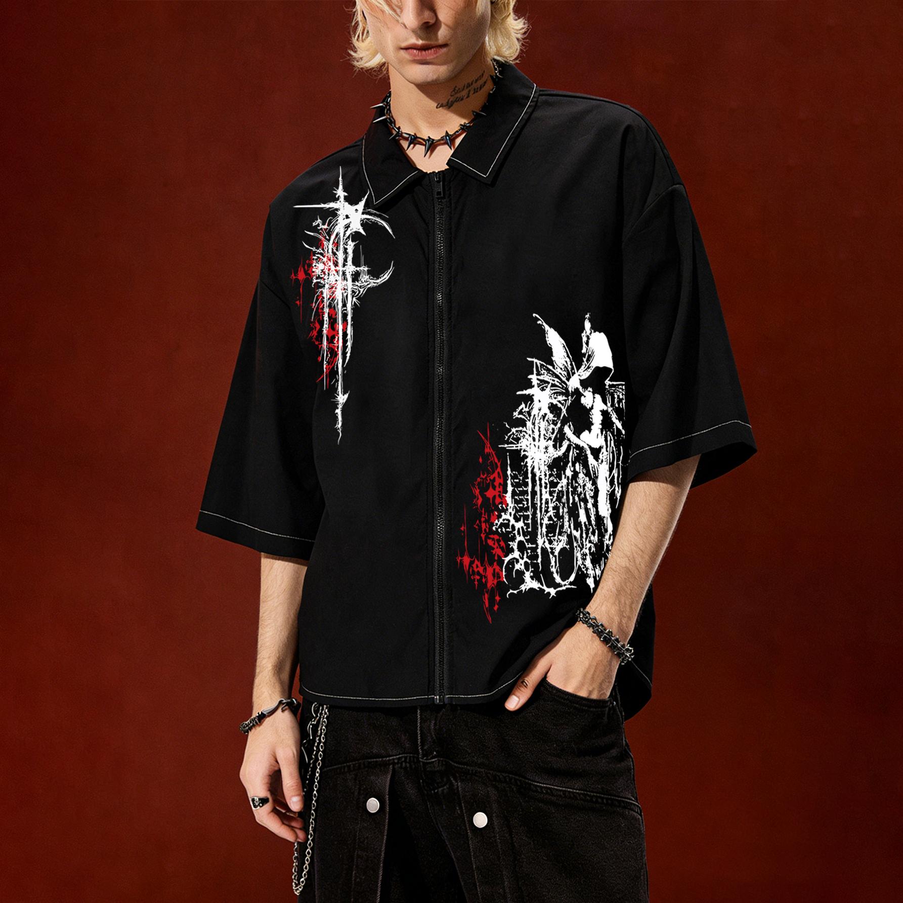 Dark Gothic-style Printed Zipper Short-Sleeve Shirt, Casual and Comfortable Summer Shirt, High-Street-Style Loose-Fit Top for Men and Women L чёрный
Dark Gothic-style Printed Zipper Short-Sleeve Shirt, Casual and Comfortable Summer Shirt, High-Street-Style Loose-Fit Top for Men and Women L чёрный