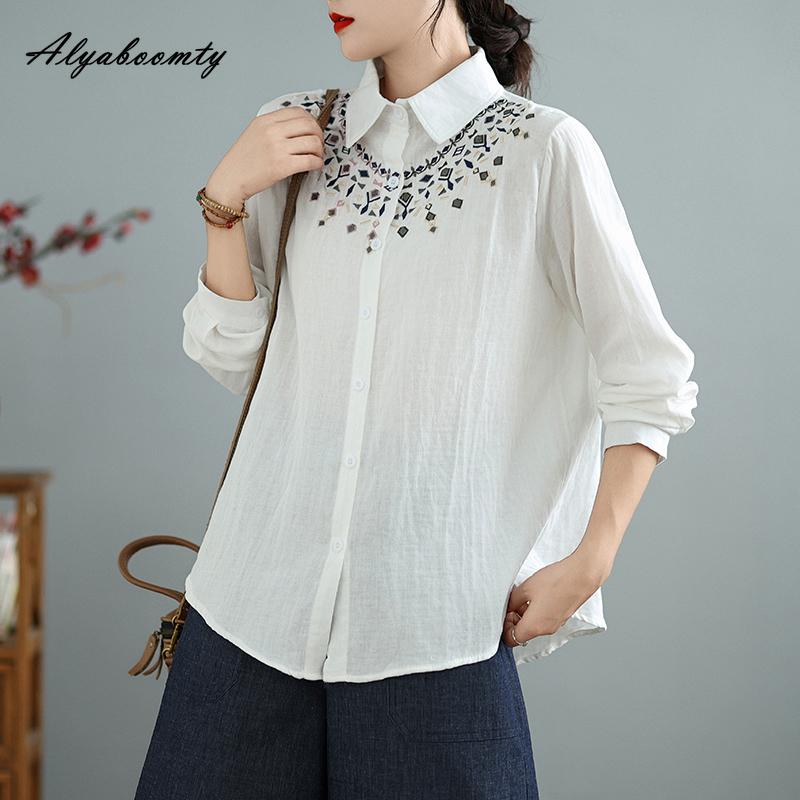 Весна Осень Женская Базовая Хлопковая Рубашка Отложной Воротник Белый Черный Зеленый Вышивка Свободная Блузка Ретро Длинный Рукав Элегантная Блузка M белый