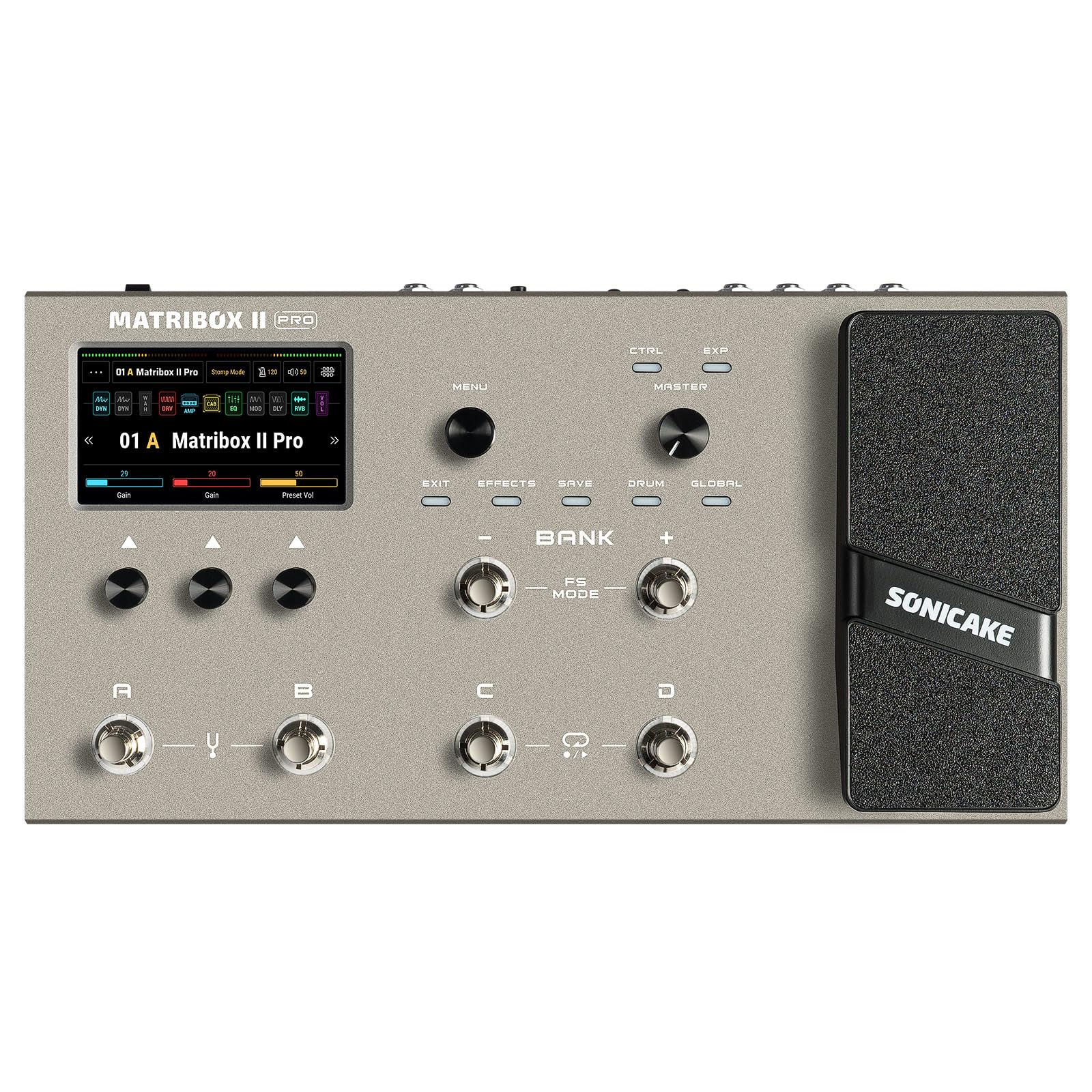 SONICAKE with Expression Over 240 Effects Amp Modeling IR Cabinet Simulation FX Loop MIDI Stereo OTG USB Audio Interface Color Touch Screen Matribox
SONICAKE with Expression Over 240 Effects Amp Modeling IR Cabinet Simulation FX Loop MIDI Stereo OTG USB Audio Interface Color Touch Screen Matribox