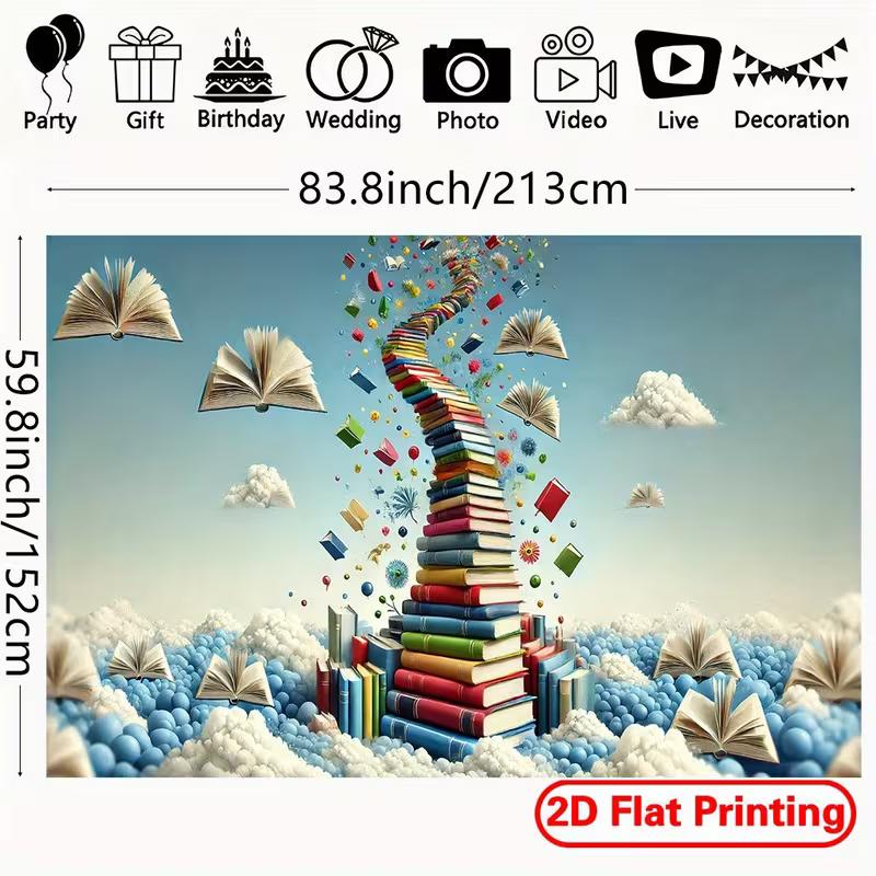 2D Flat Fantasy Book Tower Banner, Whimsical Open Books and Floating Pages Background for Birthday Party 47.2x31.5inch/120*80cm
2D Flat Fantasy Book Tower Banner, Whimsical Open Books and Floating Pages Background for Birthday Party 47.2x31.5inch/120*80cm