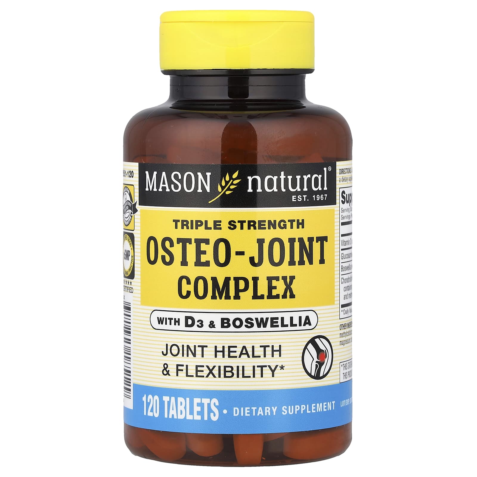 Mason Natural, Osteo-Joint Complex with D3 and Boswellia, Triple Strength, 120 Tablets
Mason Natural, Osteo-Joint Complex with D3 and Boswellia, Triple Strength, 120 Tablets